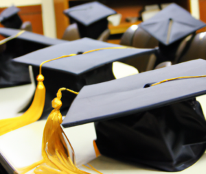 Graduation hats in a classroom